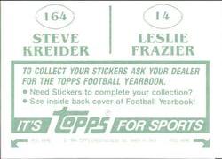 1984 Topps Stickers #14 / 164 Leslie Frazier / Steve Kreider Back