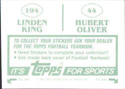 1984 Topps Stickers #44 / 194 Hubie Oliver / Linden King Back
