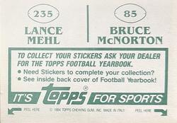 1984 Topps Stickers #85 / 235 Bruce McNorton /  Lance Mehl Back