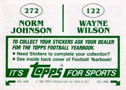 1984 Topps Stickers #122 / 272 Wayne Wilson / Norm Johnson Back