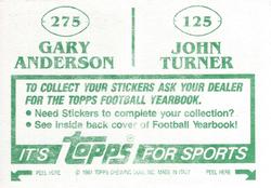 1984 Topps Stickers #125 / 275 John Turner / Gary Anderson Back