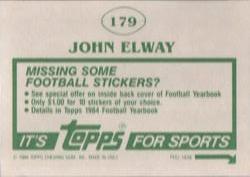 1984 Topps Stickers #179 John Elway Back