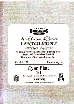 2012 Panini Contenders - Printing Plates Cyan #130 Devon Wylie Back