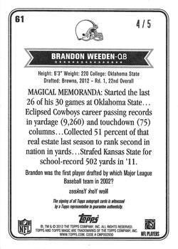 2012 Topps Magic - Autographs Black Border #61 Brandon Weeden Back