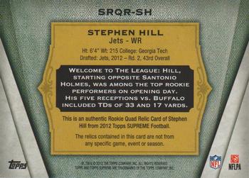 2012 Topps Supreme - Rookie Quad Relics #SRQR-SH Stephen Hill Back