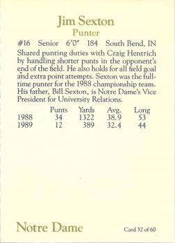 1990 Notre Dame Fighting Irish 60 #32 Jim Sexton Back