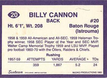 1983 Sunbeam Bread LSU Tigers #20 Billy Cannon Back