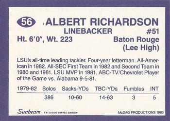 1983 Sunbeam Bread LSU Tigers #56 Albert Richardson Back