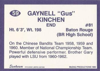 1983 Sunbeam Bread LSU Tigers #59 Gaynell Kinchen Back