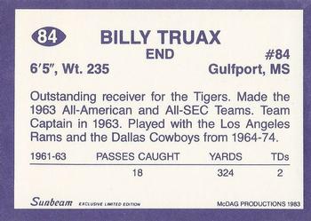 1983 Sunbeam Bread LSU Tigers #84 Billy Truax Back