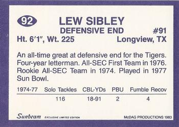 1983 Sunbeam Bread LSU Tigers #92 Lew Sibley Back