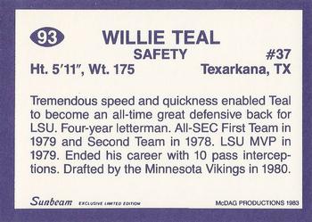 1983 Sunbeam Bread LSU Tigers #93 Willie Teal Back