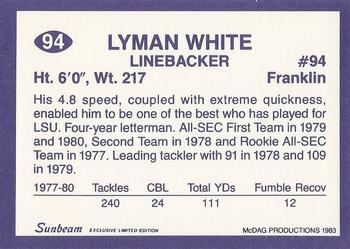 1983 Sunbeam Bread LSU Tigers #94 Lyman White Back