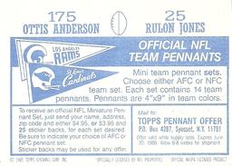 1985 Topps Stickers #25 / 175 Rulon Jones / Ottis Anderson Back