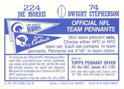 1985 Topps Stickers #74 / 224 Dwight Stephenson / Joe Morris Back