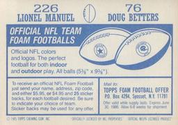 1985 Topps Stickers #76 / 226 Doug Betters / Lionel Manuel Back