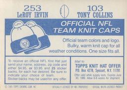 1985 Topps Stickers #103 / 253 Tony Collins / LeRoy Irvin Back