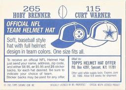 1985 Topps Stickers #115 / 265 Curt Warner / Hoby Brenner Back