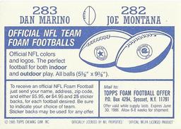 1985 Topps Stickers #282 / 283 Joe Montana / Dan Marino Back