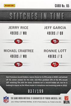 2012 Panini Totally Certified - Stitches in Time #65 Jeff Garcia / Jerry Rice / Michael Crabtree / Ronnie Lott Back