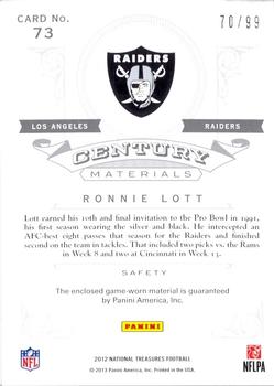 2012 Panini National Treasures - Legend Century Materials #73 Ronnie Lott Back