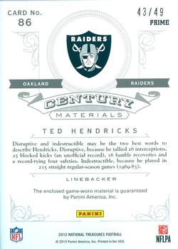2012 Panini National Treasures - Legend Century Materials Prime #86 Ted Hendricks Back