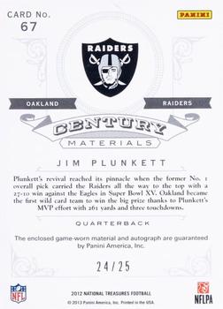 2012 Panini National Treasures - Legend Century Materials Signature #67 Jim Plunkett Back