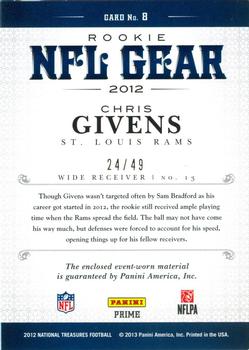 2012 Panini National Treasures - NFL Gear Combos Prime #8 Chris Givens Back