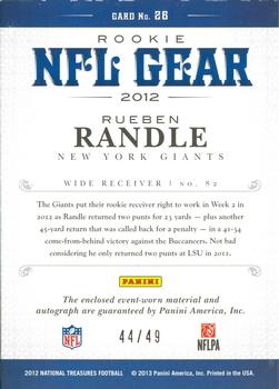 2012 Panini National Treasures - NFL Gear Combos Signatures #26 Rueben Randle Back
