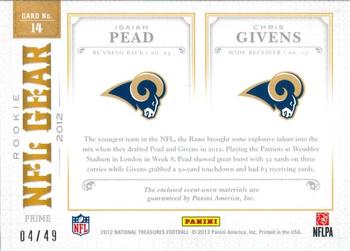 2012 Panini National Treasures - NFL Gear Dual Player Materials Prime #14 Chris Givens / Isaiah Pead Back