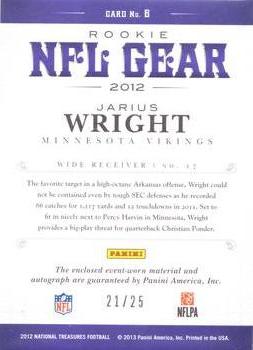 2012 Panini National Treasures - NFL Gear Triple Signatures #6 Jarius Wright Back