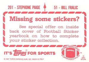 1987 Topps Stickers #51 / 201 Bill Fralic / Stephone Paige Back