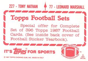 1987 Topps Stickers #77 / 227 Leonard Marshall / Tony Nathan Back