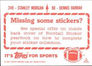 1987 Topps Stickers #98 / 249 Dennis Harrah / Stanley Morgan Back