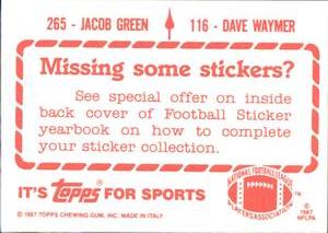 1987 Topps Stickers #116 / 265 Dave Waymer / Jacob Green Back