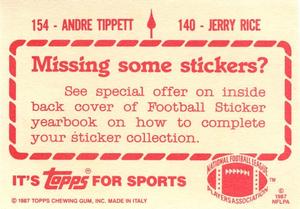 1987 Topps Stickers #140 / 154 Jerry Rice / Andre Tippett Back