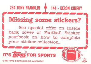 1987 Topps Stickers #144 / 284 Deron Cherry / Tony Franklin Back
