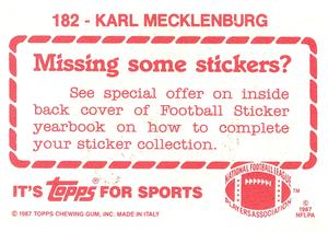1987 Topps Stickers #182 Karl Mecklenburg Back