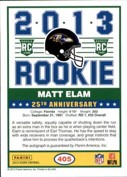 2013 Score - Rookie Signatures Purple #405 Matt Elam Back