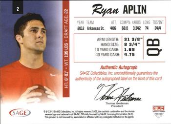 2013 SAGE - Autographs Gold #2 Ryan Aplin Back