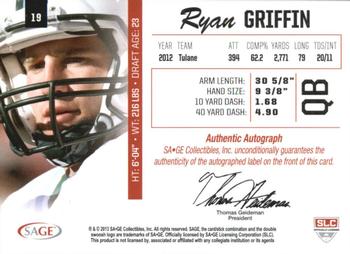2013 SAGE - Autographs Gold #19 Ryan Griffin Back