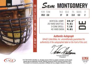 2013 SAGE - Autographs Gold #64 Sam Montgomery Back