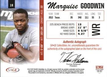 2013 SAGE - Autographs Red #18 Marquise Goodwin Back