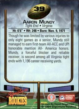1994 Signature Rookies #39 Aaron Mundy Back