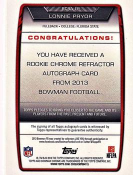 2013 Bowman - Chrome Rookie Autographs Blue Refractors #RCRA-LP Lonnie Pryor Back