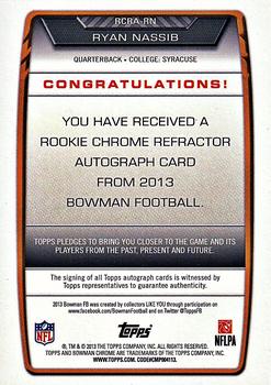 2013 Bowman - Chrome Rookie Autographs Orange Refractors #RCRA-RN Ryan Nassib Back