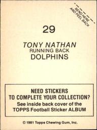 1981 Topps Stickers #29 Tony Nathan Back