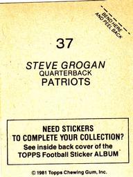 1981 Topps Stickers #37 Steve Grogan Back