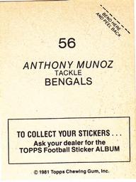 1981 Topps Stickers #56 Anthony Munoz Back