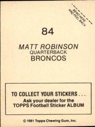 1981 Topps Stickers #84 Matt Robinson Back